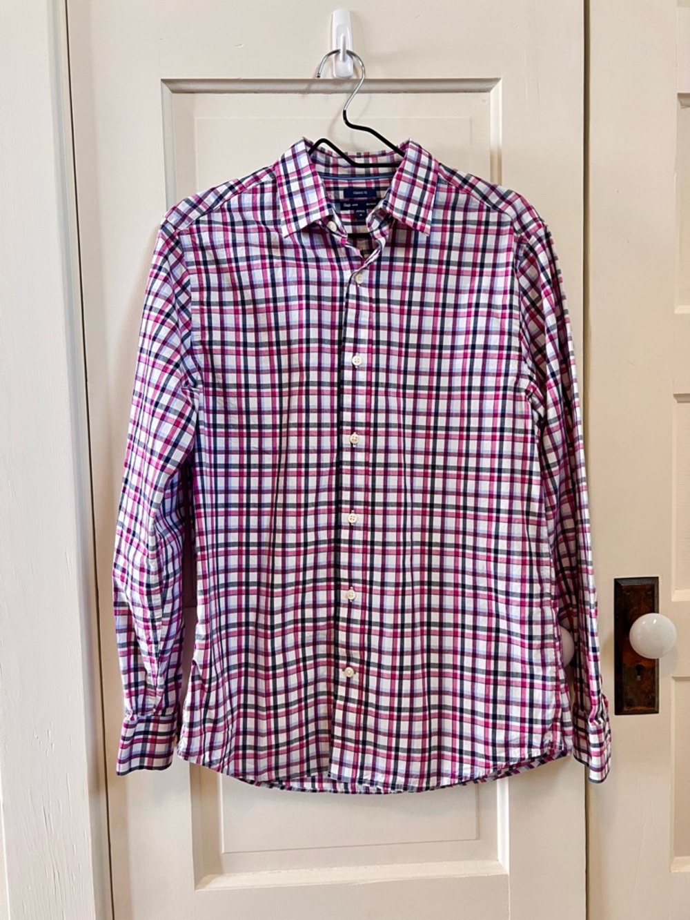 GAP Men's Plaid Button-Down Shirt in White & Purple